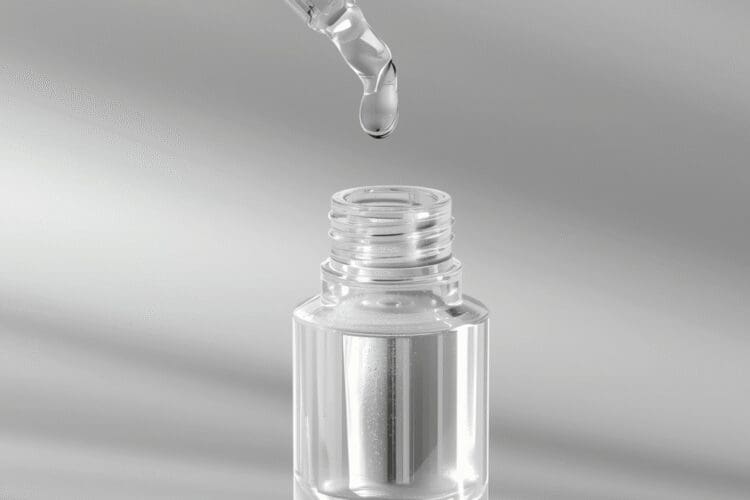 Cosmetic formulation sample being dispensed from a laboratory dropper into a container