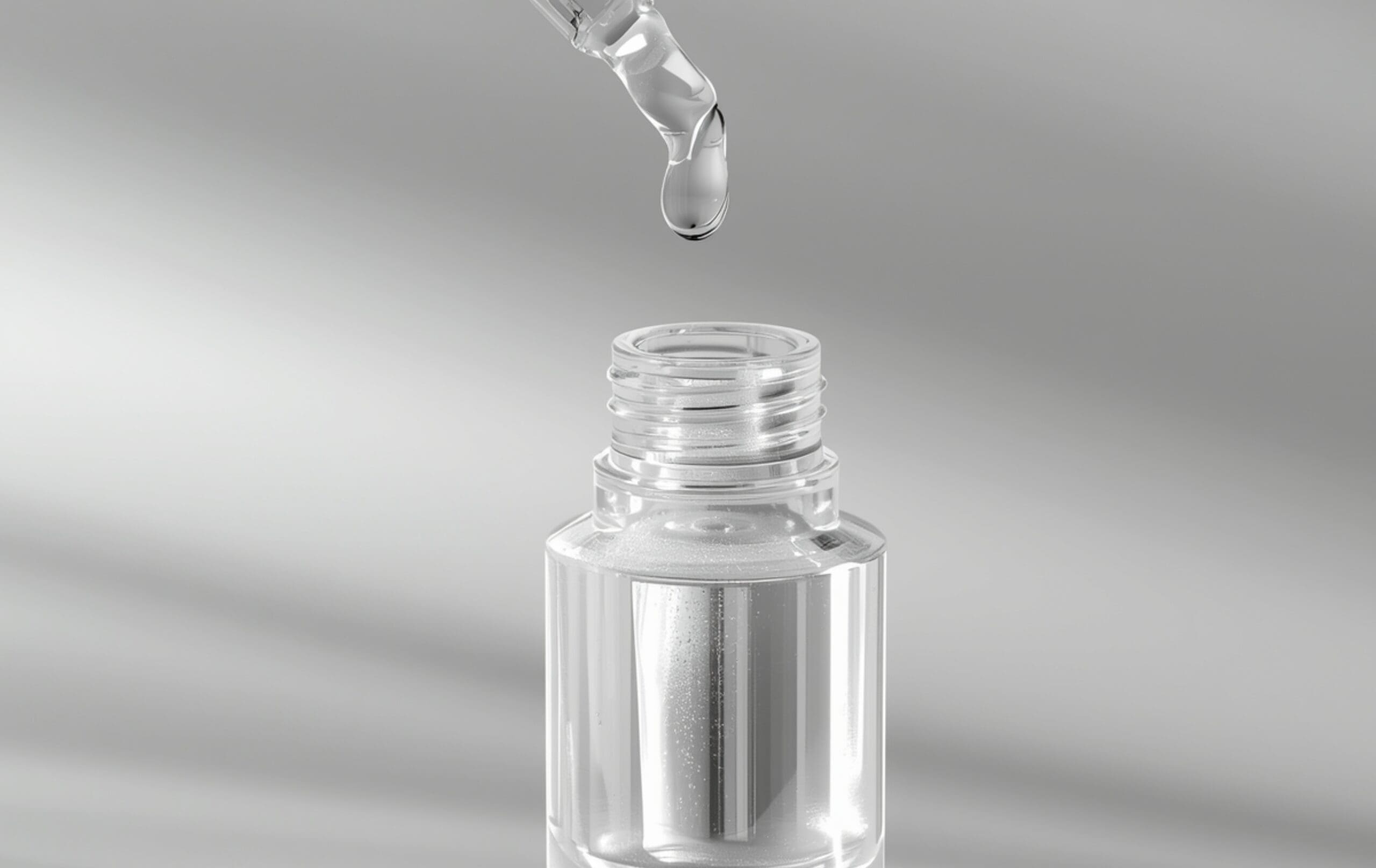 Cosmetic formulation sample being dispensed from a laboratory dropper into a container