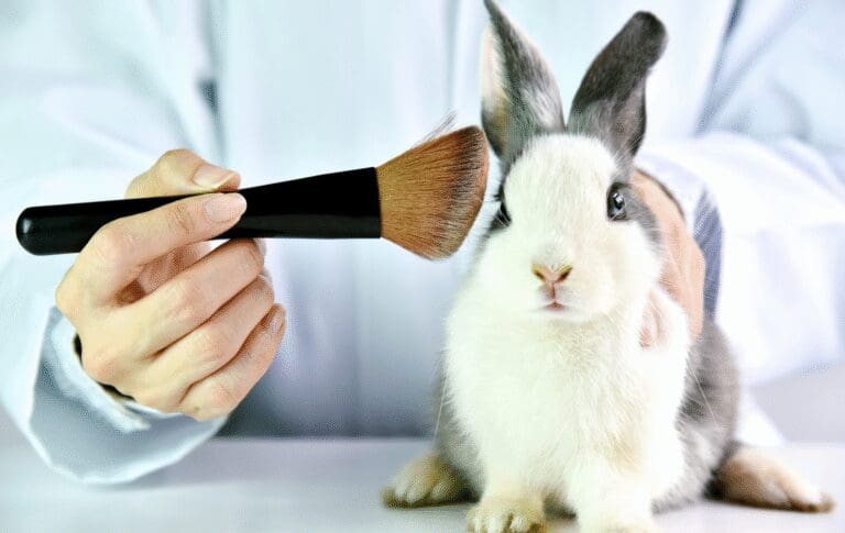 Laboratory professional evaluating cosmetic product safety using alternative testing methods instead of animal testing.