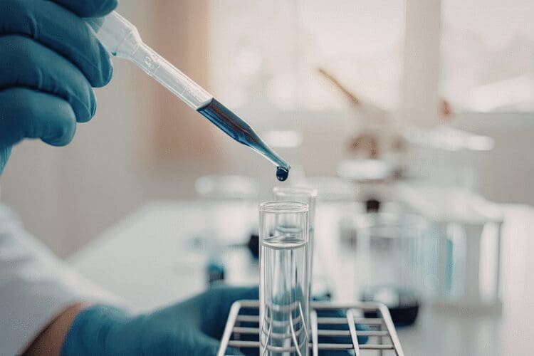 Laboratory technician transferring liquid sample into a test tube using a pipette.
