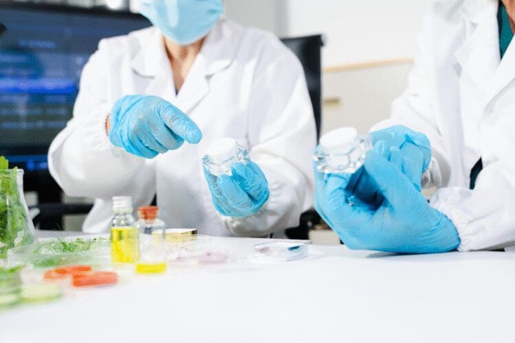 Laboratory professionals evaluating cosmetic packaging and product samples during quality testing.