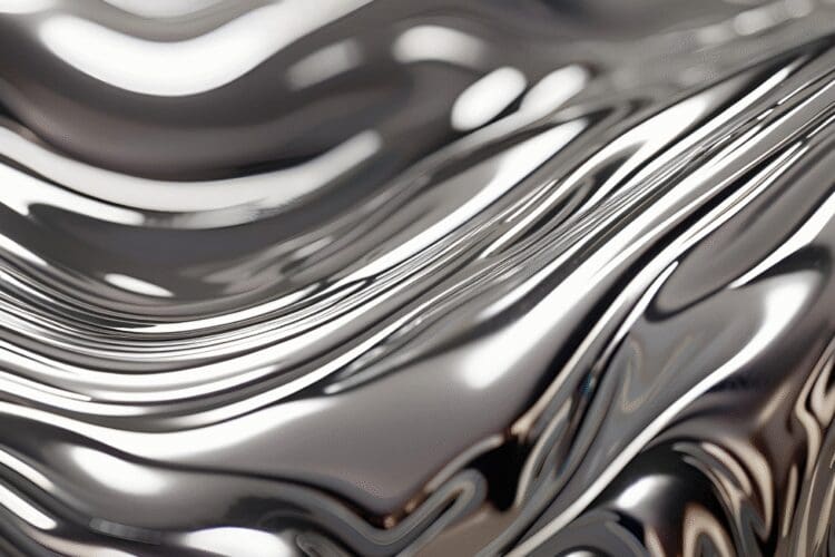 Abstract liquid metal surface with flowing reflective waves representing innovation, science, and advanced technology.