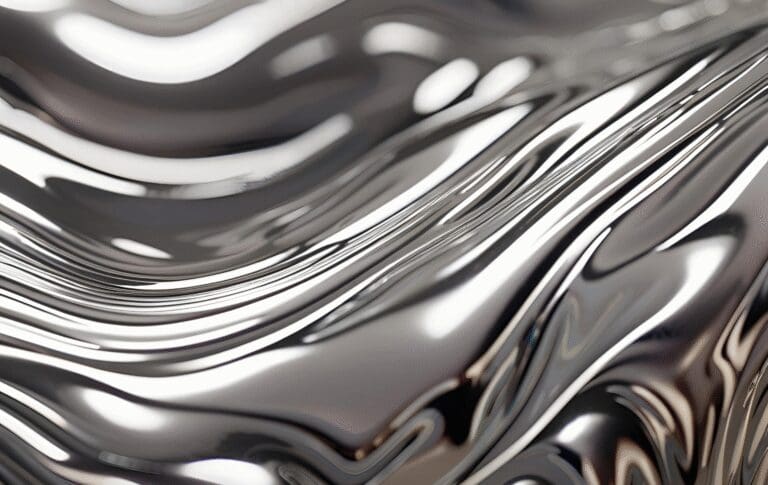 Abstract liquid metal surface with flowing reflective waves representing innovation, science, and advanced technology.
