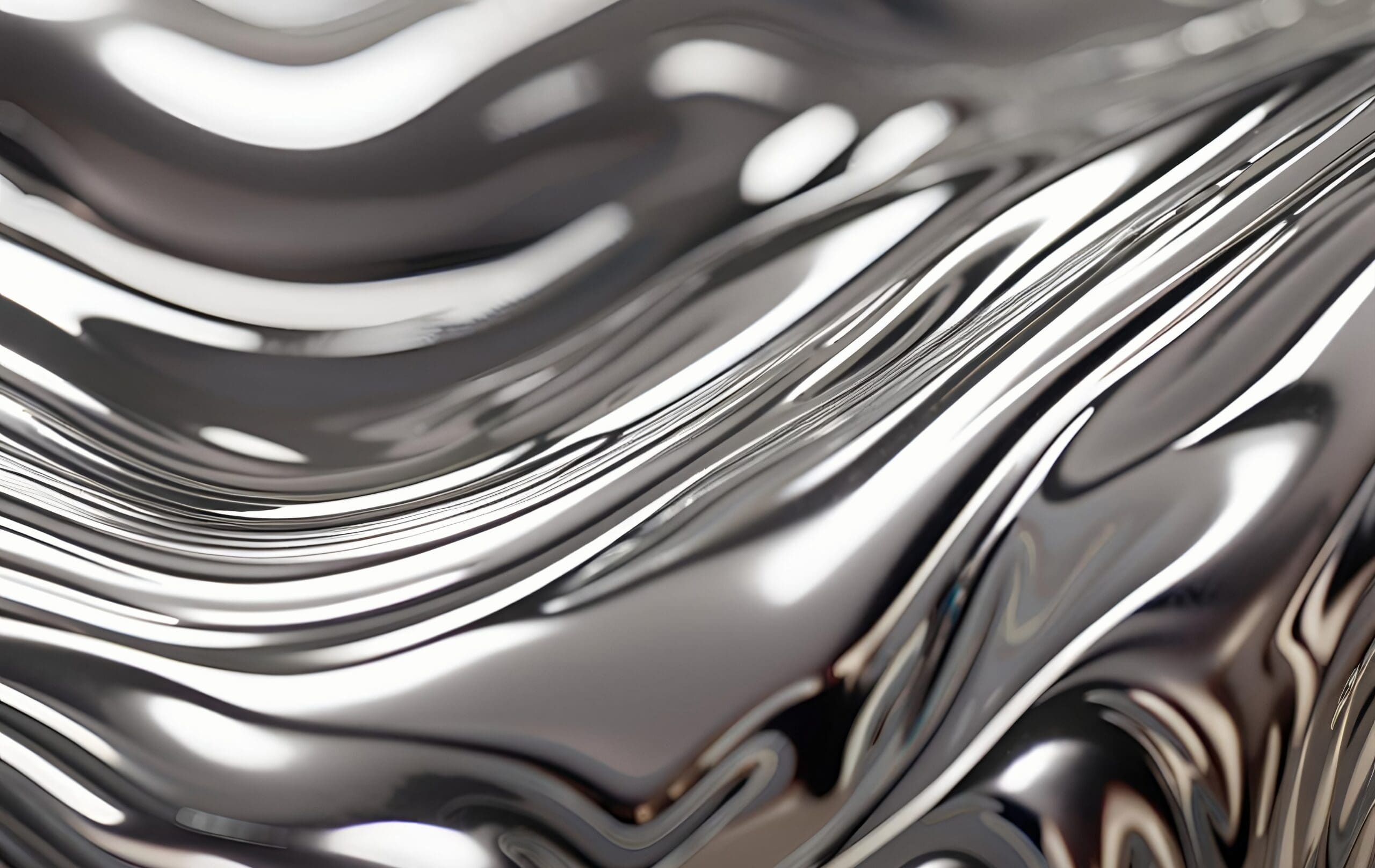 Abstract liquid metal surface with flowing reflective waves representing innovation, science, and advanced technology.