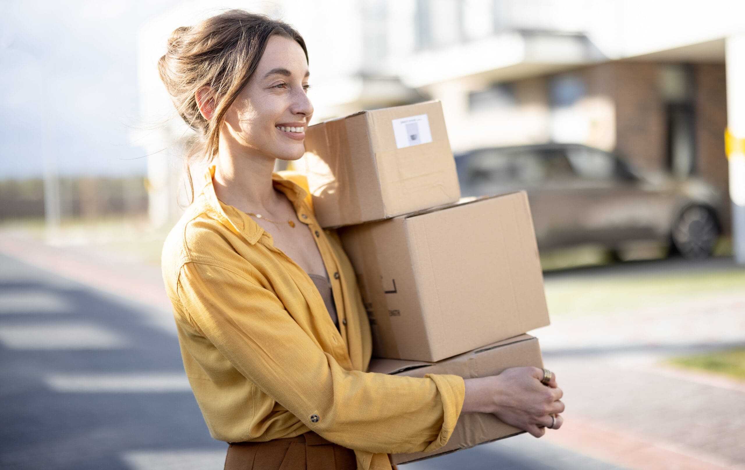 Woman carrying cardboard delivery boxes outside