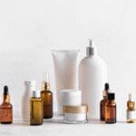Selection of skincare cosmetic products including creams, serums, oils and lotions.