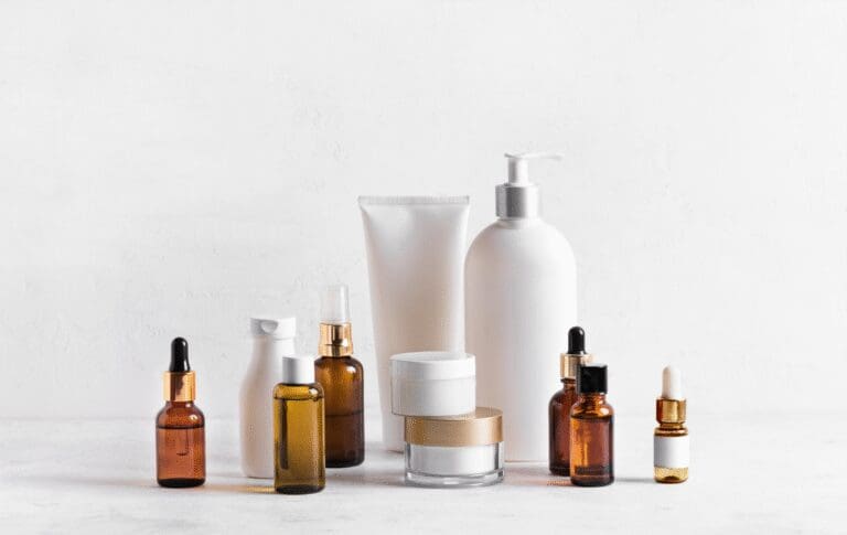 Selection of skincare cosmetic products including creams, serums, oils and lotions.
